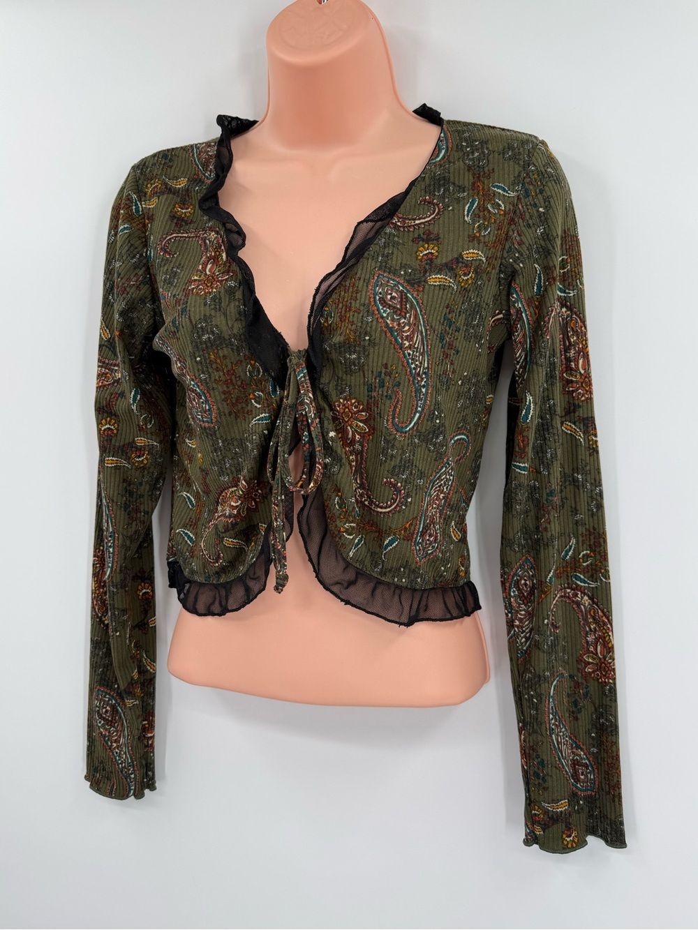 Earthbound Trading Co Paisley Tie Front Cropped Mesh Ruffle Top | Olive | Large